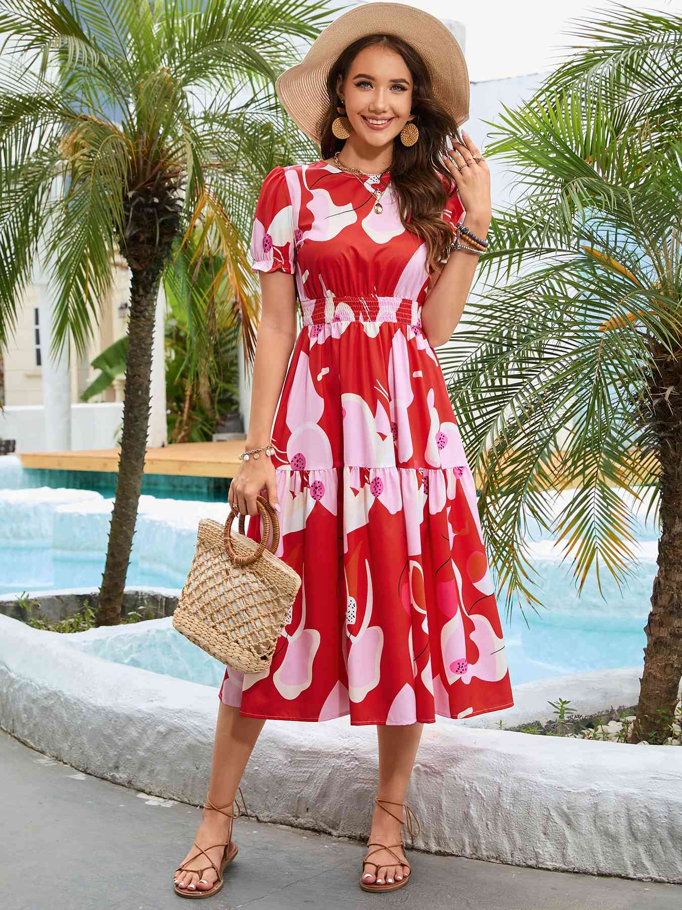 Printed Round Neck Flounce Sleeve Midi Dress -BazaarBey - www.shopbazaarbey.com