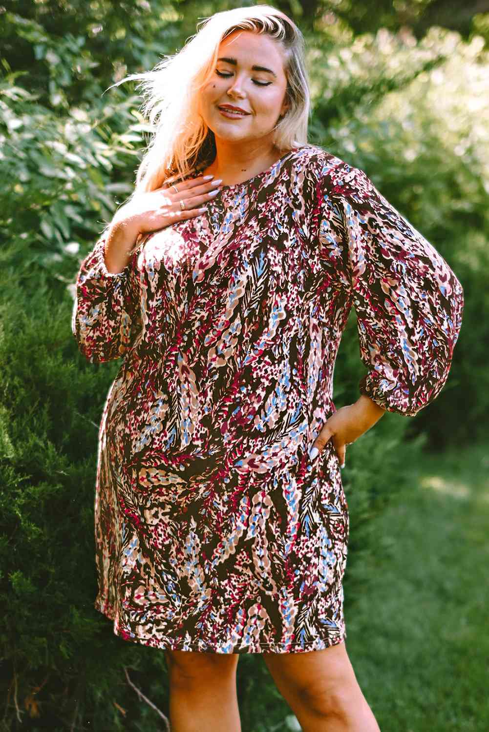 Plus Size Printed Round Neck Long Sleeve Mini Dress -BazaarBey - www.shopbazaarbey.com