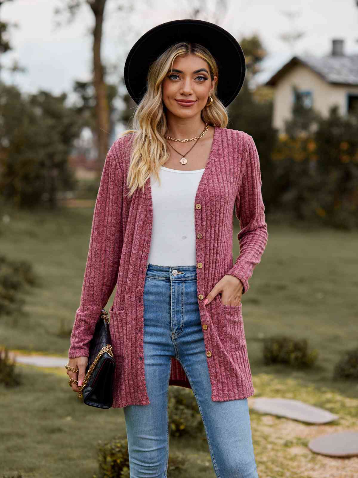 Ribbed Button-Up Cardigan with Pockets Trendsi