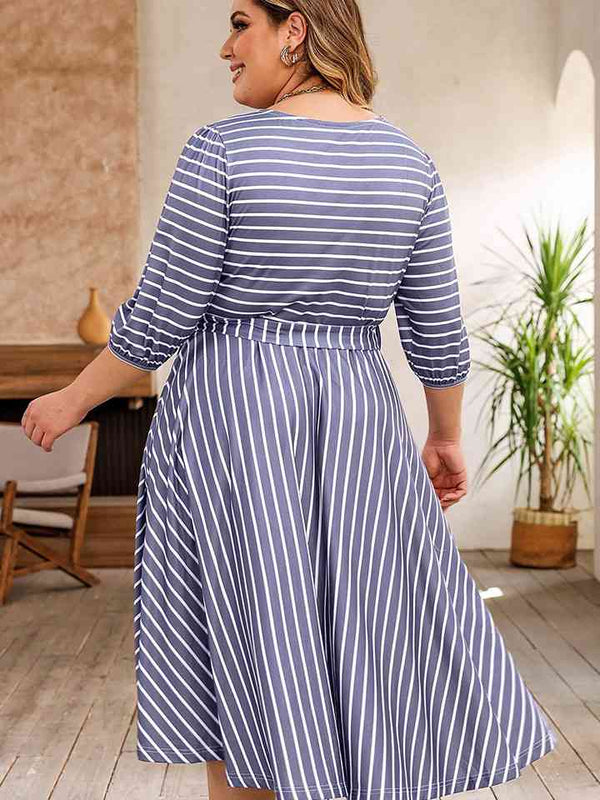 Plus Size Round Neck Striped Tie Waist Dress -BazaarBey - www.shopbazaarbey.com