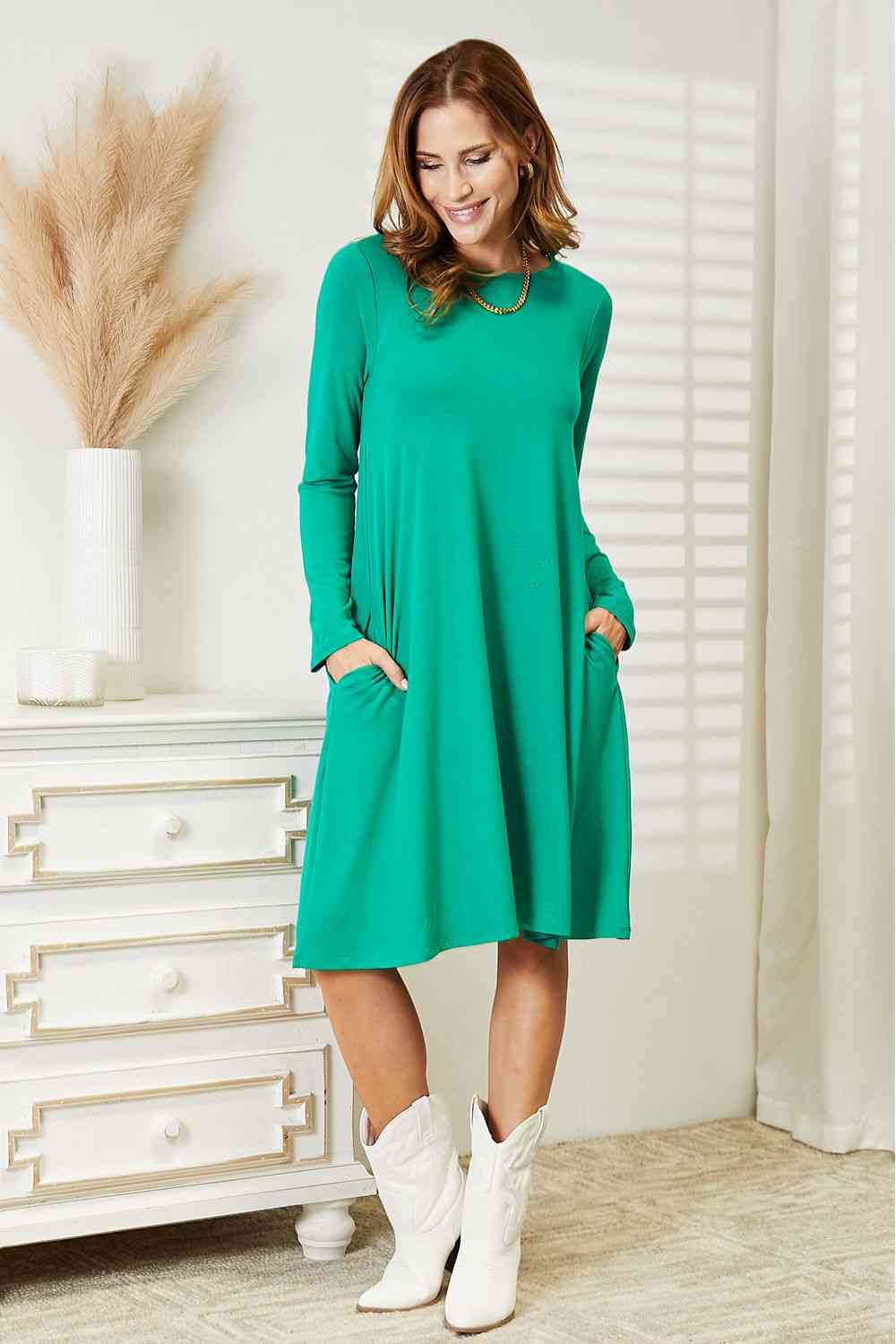  Full Size Long Sleeve Flare Dress with Pockets -BazaarBey - www.shopbazaarbey.com