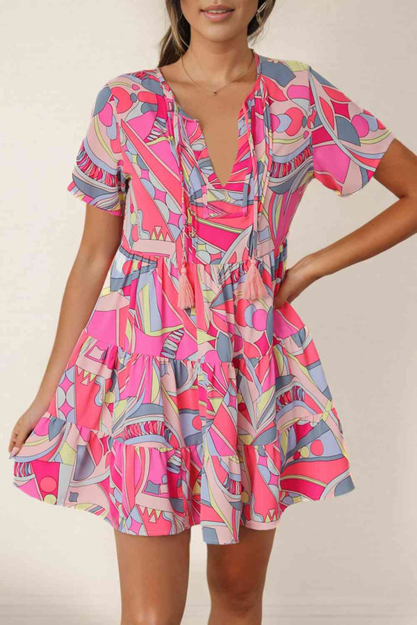 Multicolored Tie Neck Short Sleeve Tiered Dress -BazaarBey - www.shopbazaarbey.com