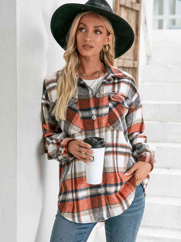 Meet You Outside Plaid Button Down Curved Hem Shacket Trendsi