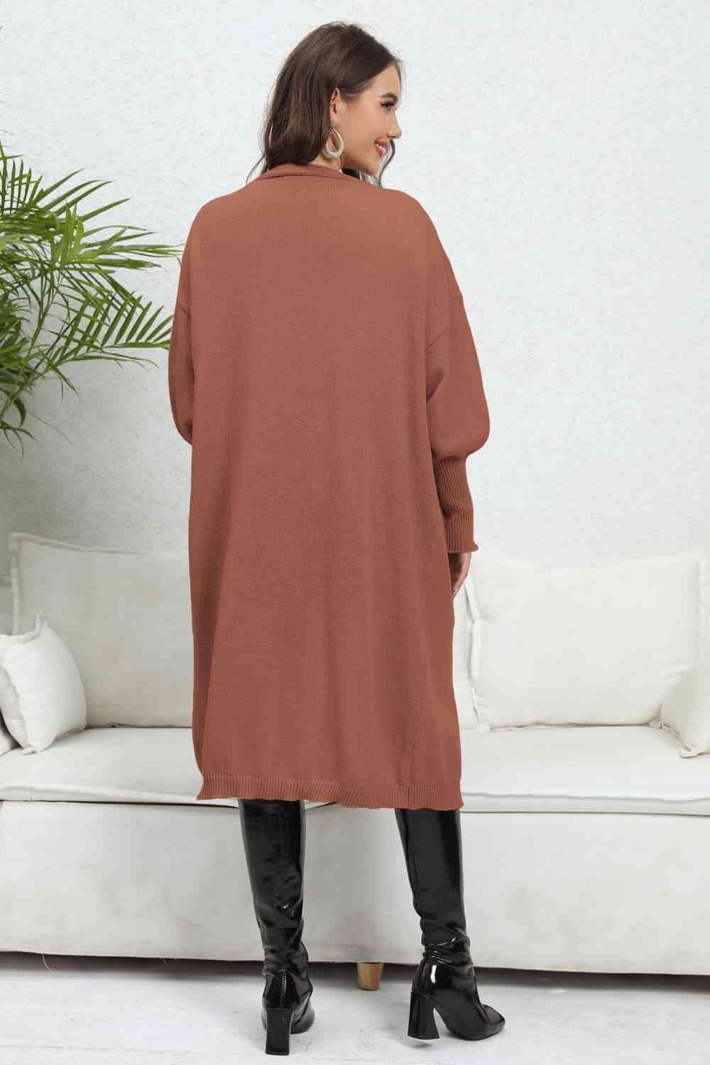 Lantern Sleeve Open Front Pocketed Cardigan Trendsi