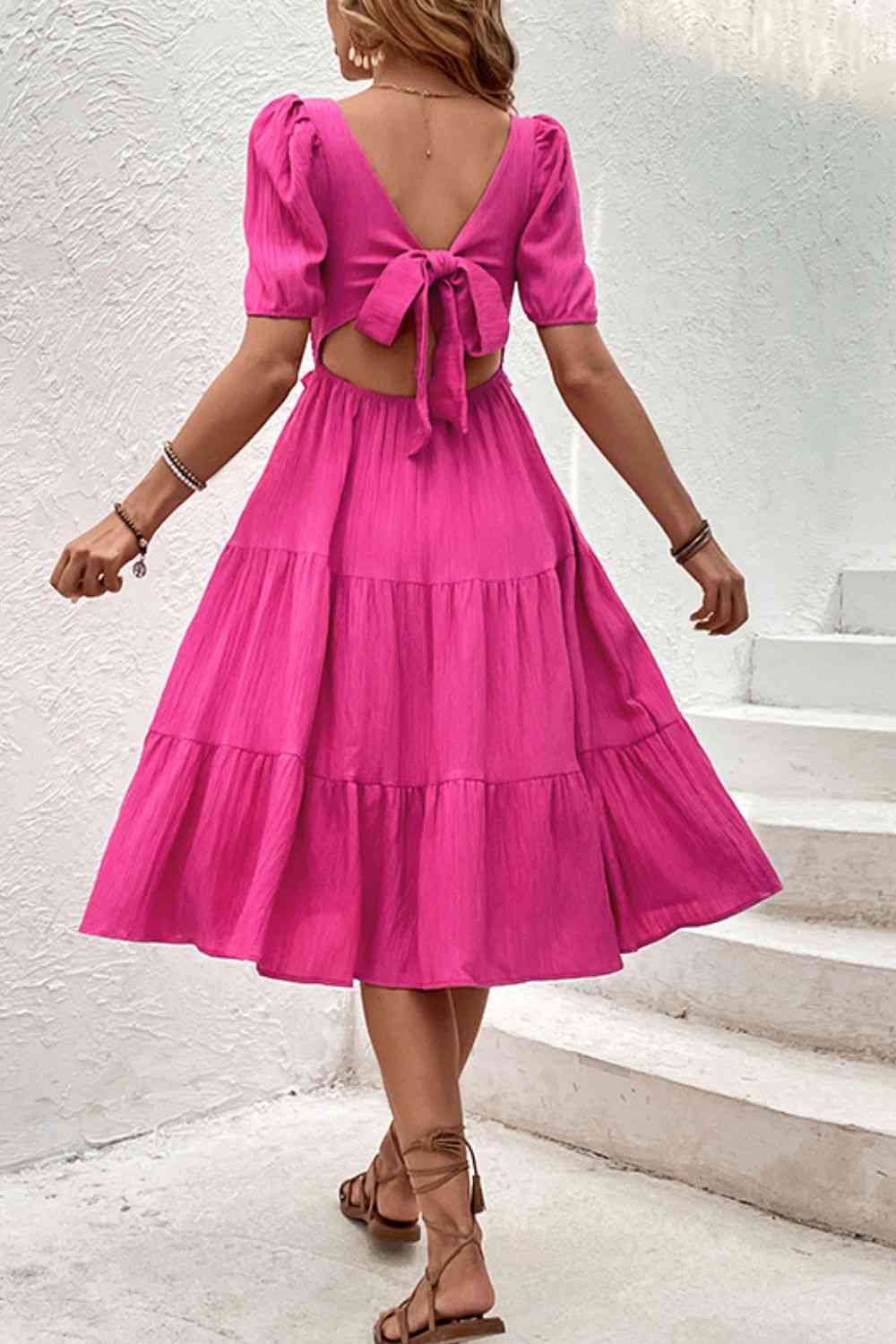 Square Neck Puff Sleeve Cutout Dress -BazaarBey - www.shopbazaarbey.com