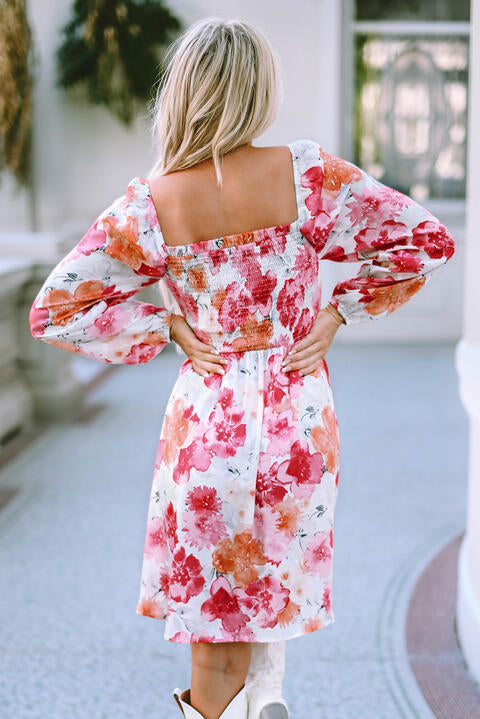 Floral Smocked Square Neck Long Sleeve Dress -BazaarBey - www.shopbazaarbey.com