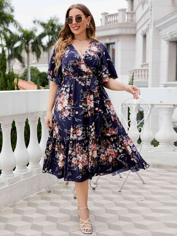 Plus Size Floral  Neck Midi Dress -BazaarBey - www.shopbazaarbey.com