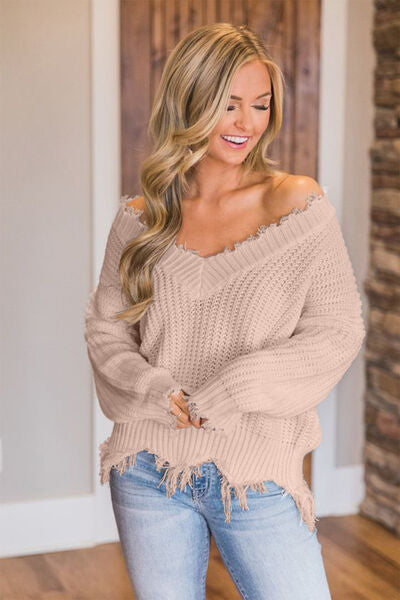 Frayed Hem Dropped Shoulder Sweater Bazaarbey
