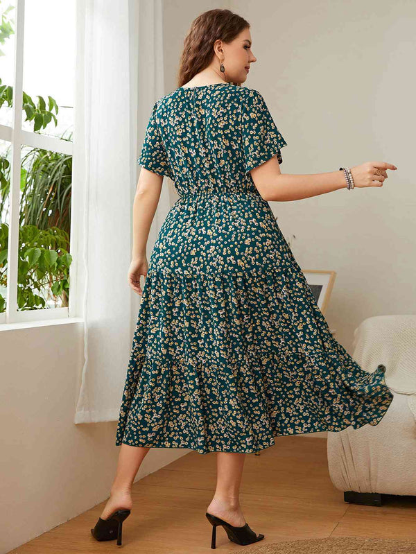 Plus Size Floral Round Neck Short Sleeve Midi Dress -BazaarBey - www.shopbazaarbey.com