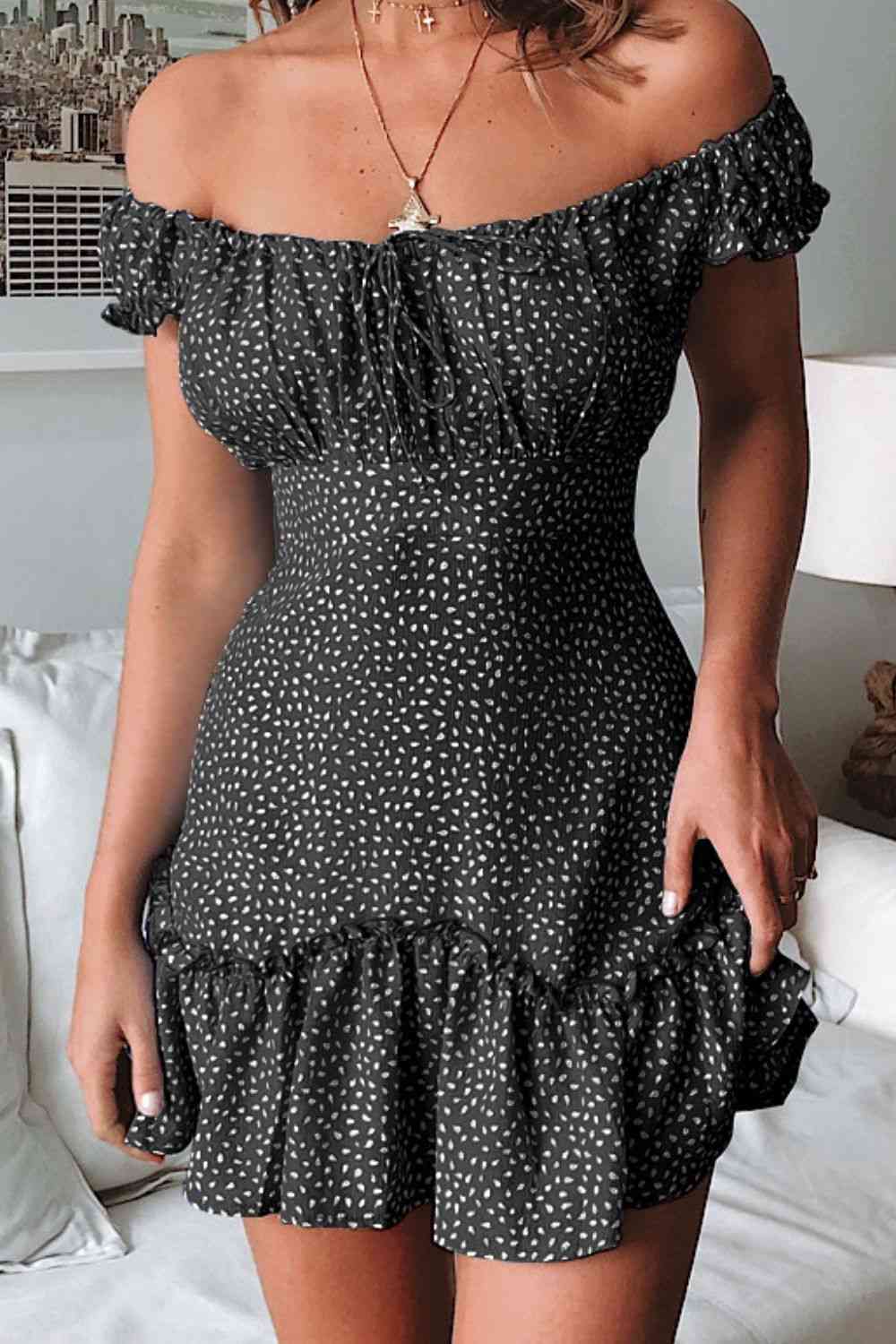 Printed Off-Shoulder Ruffle Hem Dress -BazaarBey - www.shopbazaarbey.com