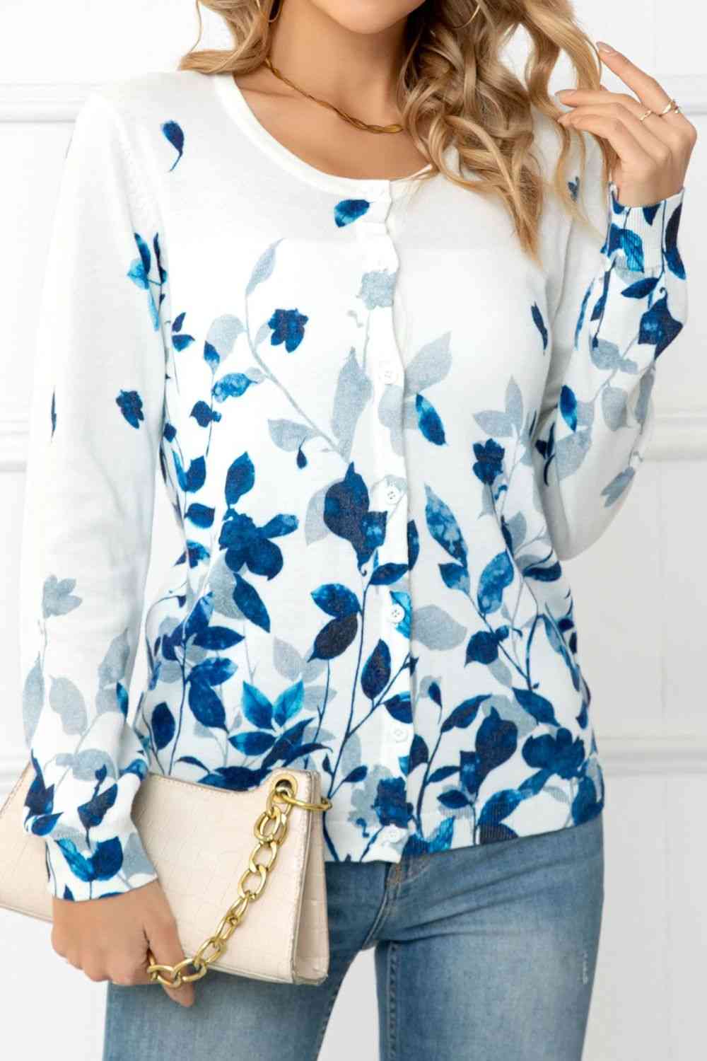  Floral Button Front Round Neck Cardigan Trendsi