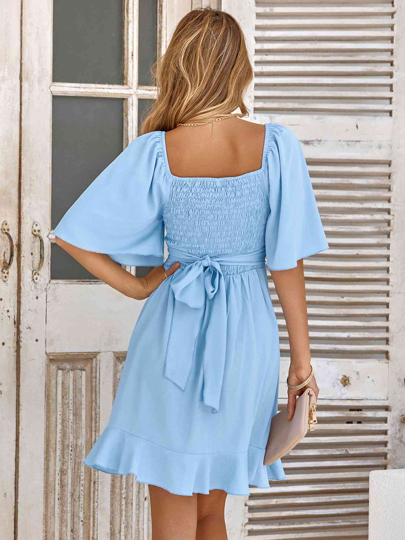 Smocked Tie Back Ruffle Hem Dress -BazaarBey - www.shopbazaarbey.com