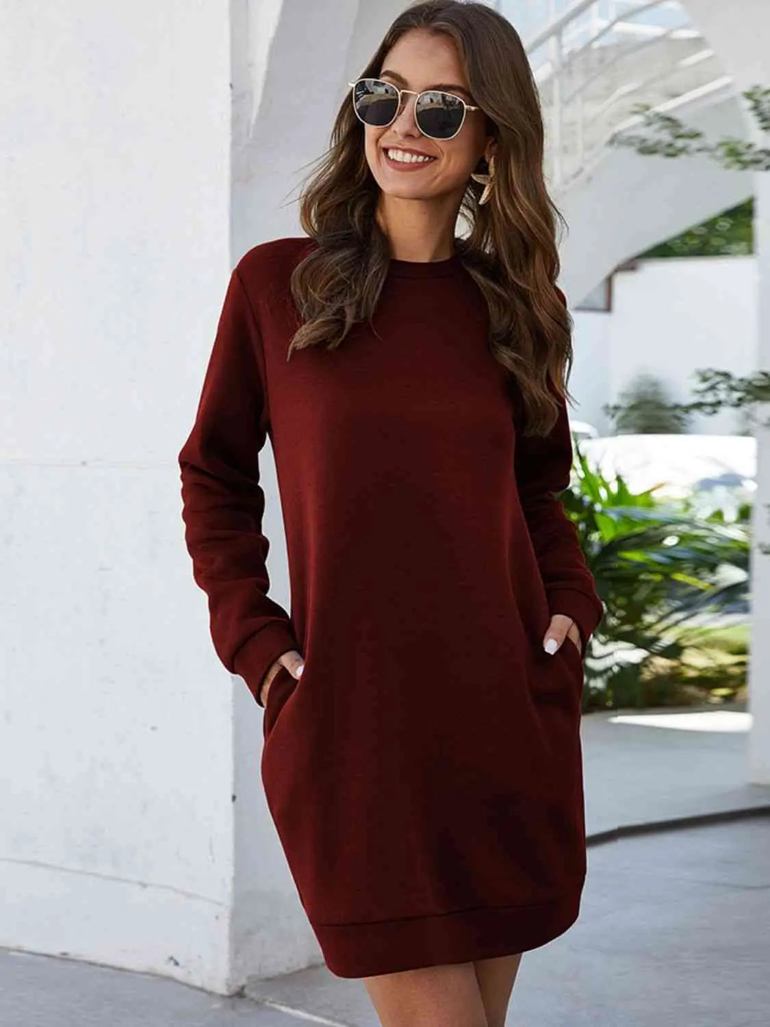 Round Neck Long Sleeve Mini Dress with Pockets -BazaarBey - www.shopbazaarbey.com
