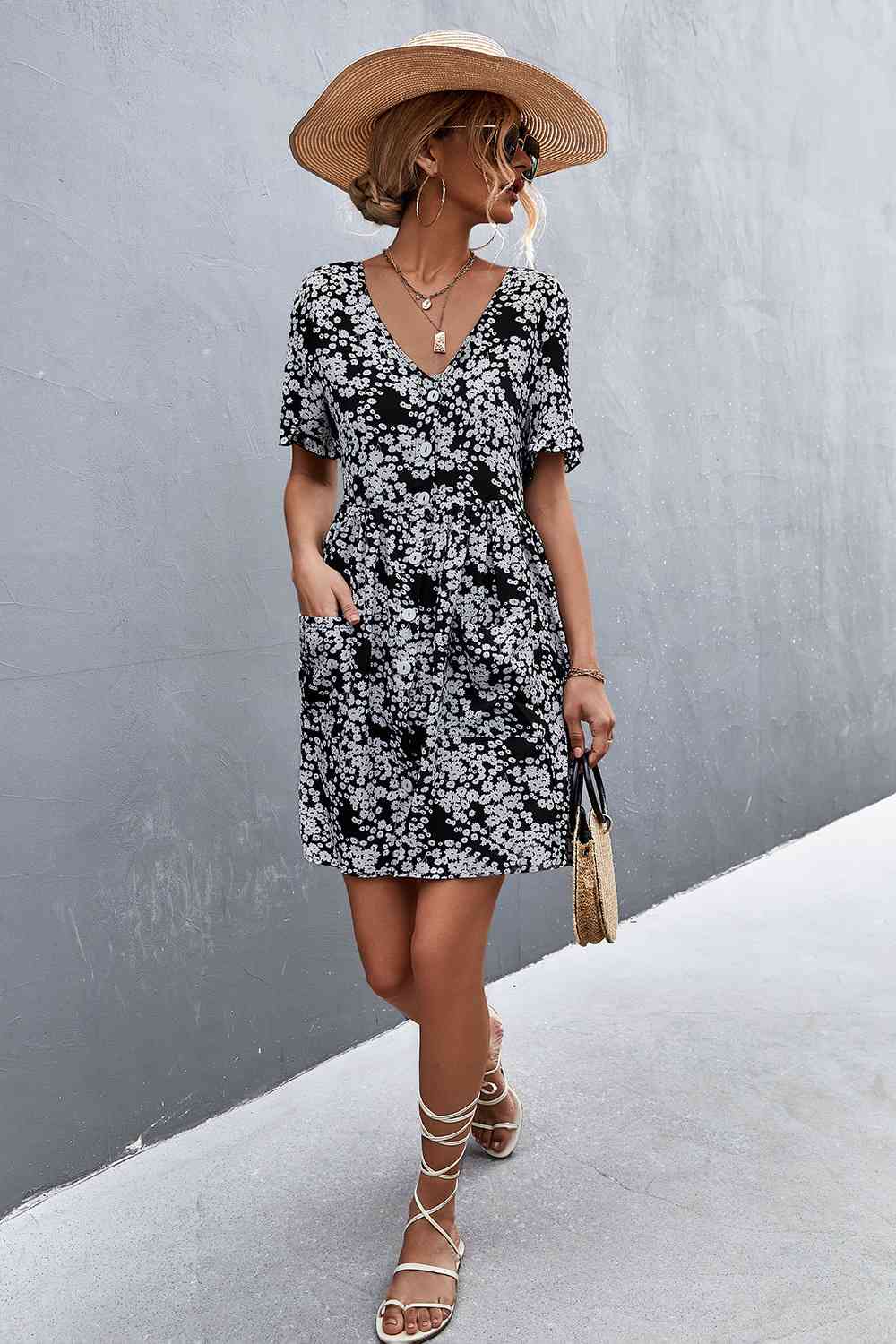 Printed Button down Pocketed Dress -BazaarBey - www.shopbazaarbey.com
