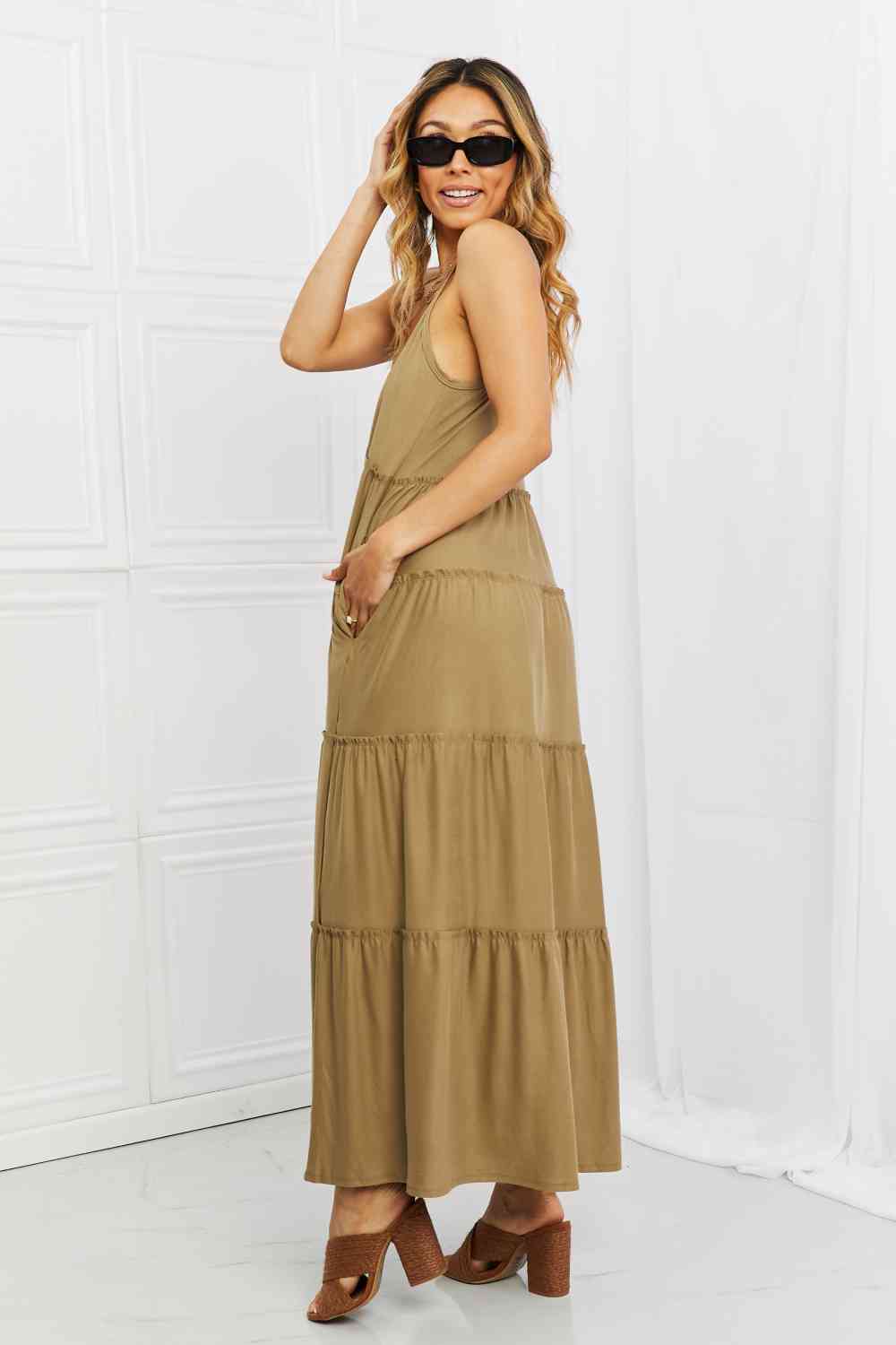 Zenana Full Size Spaghetti Strap Tiered Dress with Pockets in Khaki -BazaarBey - www.shopbazaarbey.com