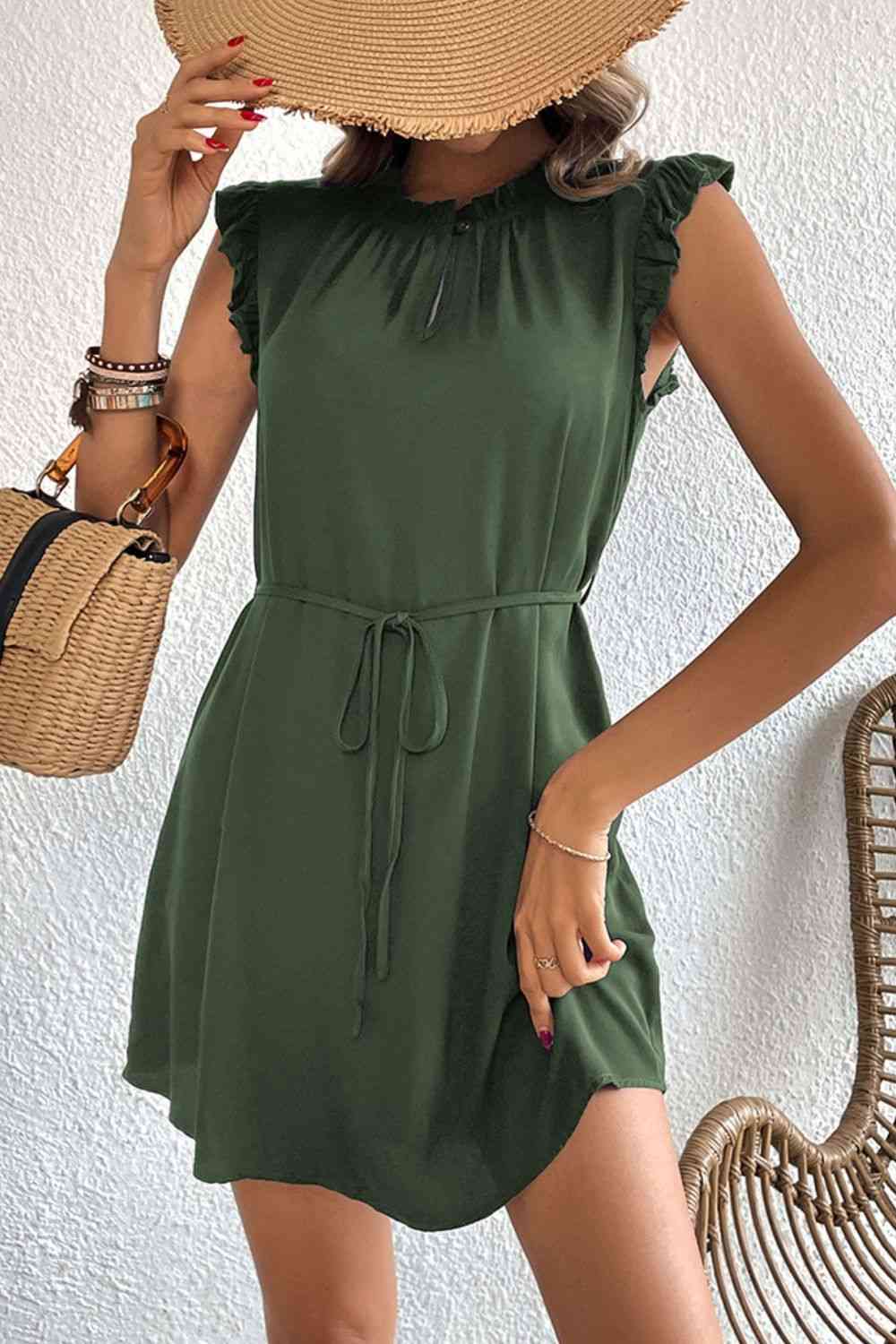 Ruffled Tie-Waist Keyhole Dress -BazaarBey - www.shopbazaarbey.com