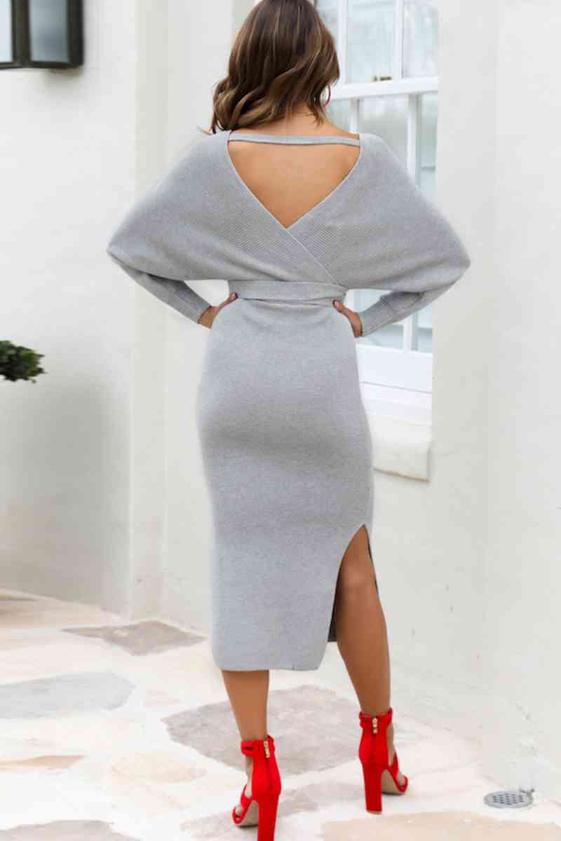 Surplice Neck Bow Waist Slit Sweater Dress Bazaarbey