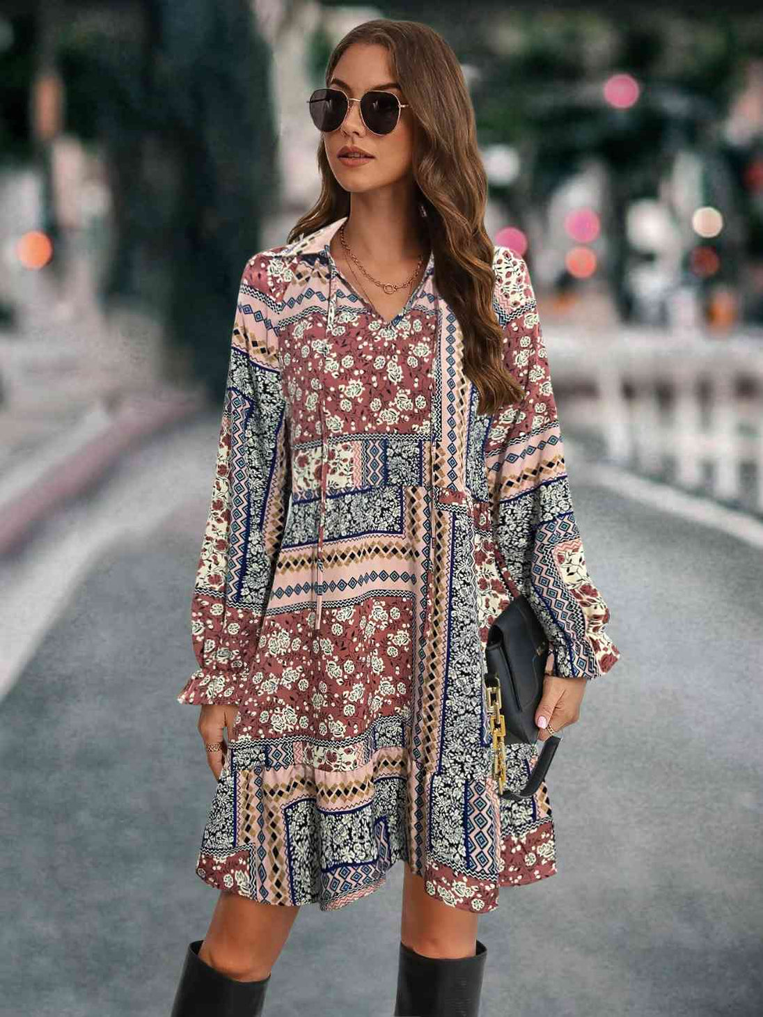 Printed Tie Front Flounce Sleeve Dress -BazaarBey - www.shopbazaarbey.com