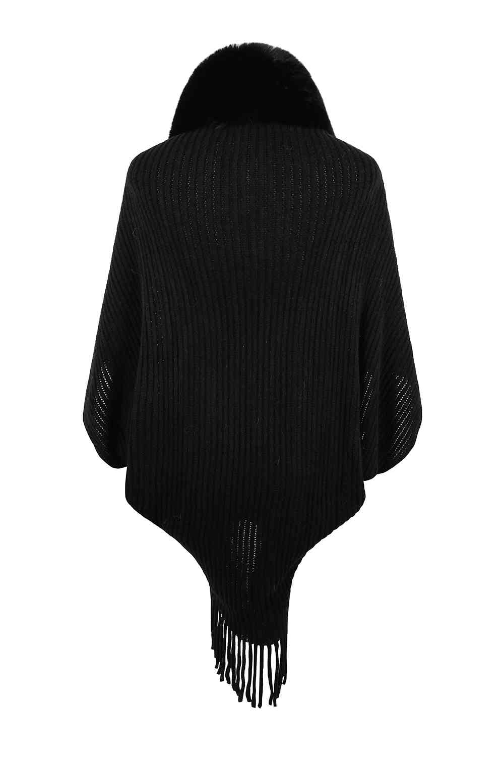 Fringe Detail Long Sleeve Ribbed Poncho Bazaarbey