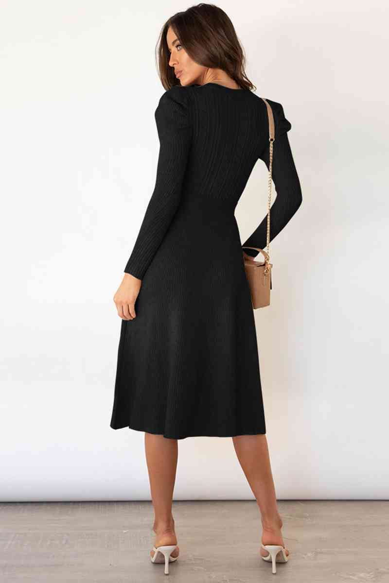 Round Neck Long Sleeve Tie Waist Sweater Dress Bazaarbey