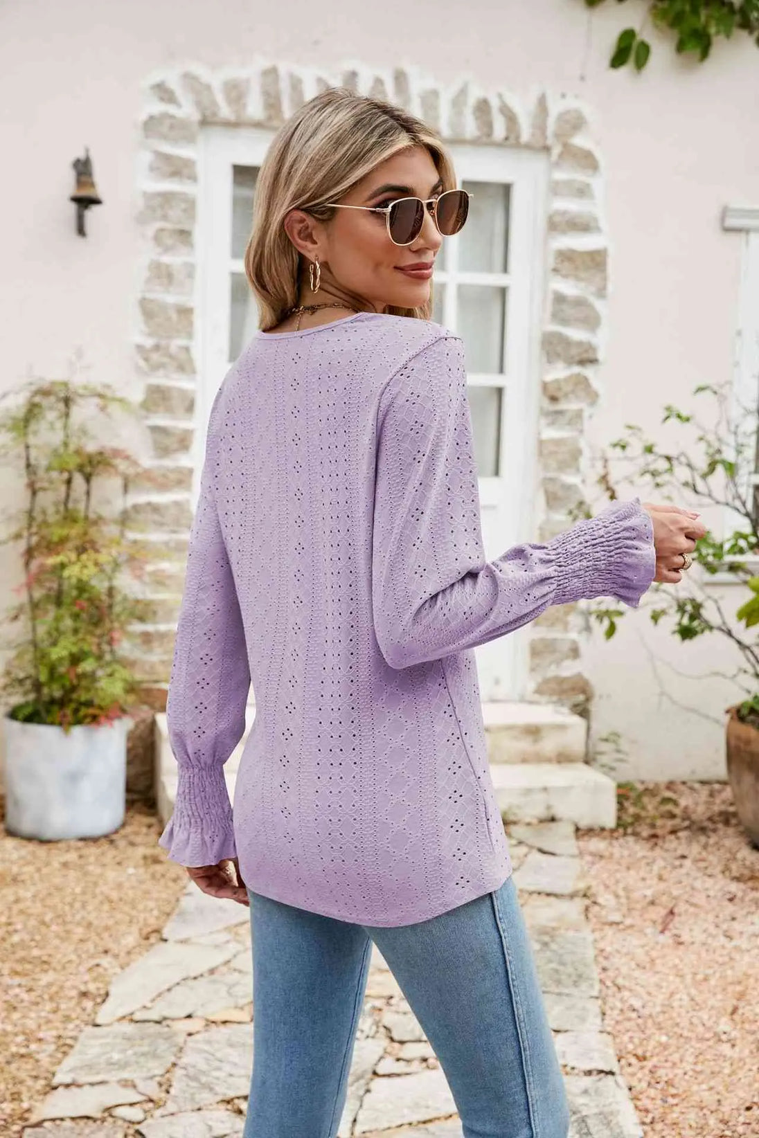  V-Neck Smocked Flounce Sleeve Blouse Bazaarbey