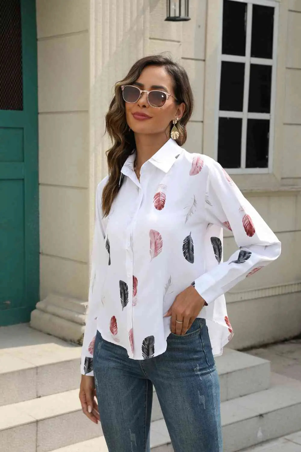 Printed Collared Neck Buttoned Shirt Bazaarbey