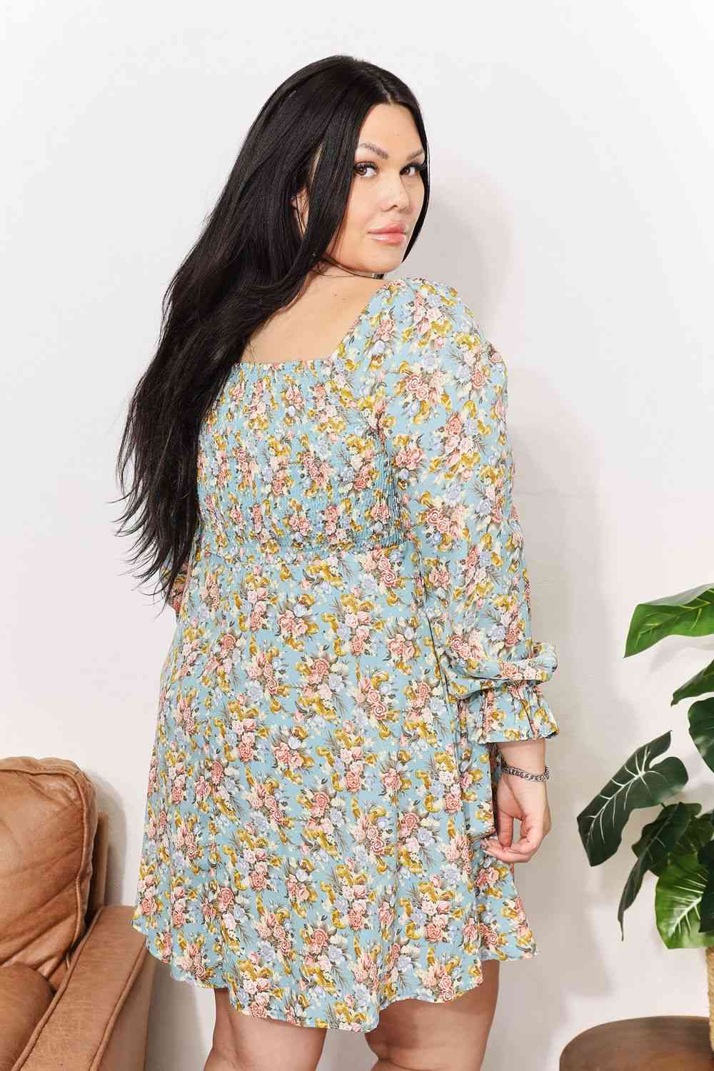  Floral Smocked Flounce Sleeve Square Neck Dress -BazaarBey - www.shopbazaarbey.com