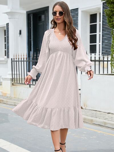  V-Neck Smocked Lantern Sleeve Ruffle Hem Dress -BazaarBey - www.shopbazaarbey.com