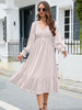  V-Neck Smocked Lantern Sleeve Ruffle Hem Dress -BazaarBey - www.shopbazaarbey.com