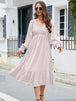 V-Neck Smocked Lantern Sleeve Ruffle Hem Dress -BazaarBey - www.shopbazaarbey.com
