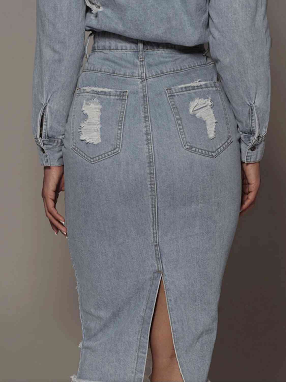Distressed Slit Denim Skirt Trendsi