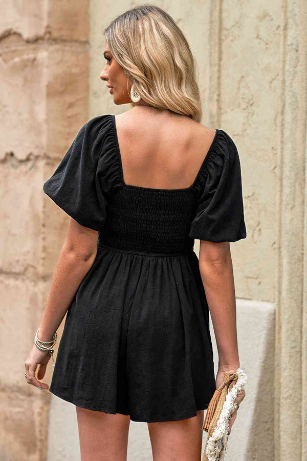 Square Neck Pleated Romper with Pockets -BazaarBey - www.shopbazaarbey.com