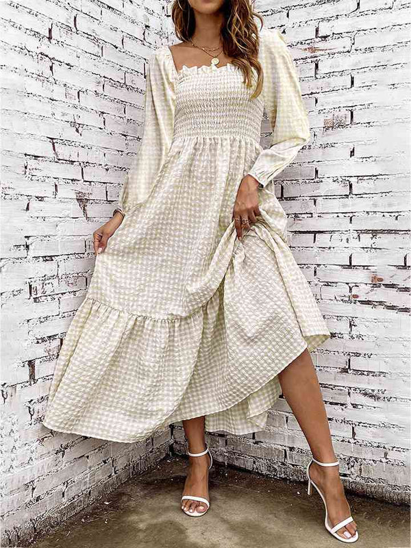 Smocked Square Neck Long Sleeve Dress -BazaarBey - www.shopbazaarbey.com