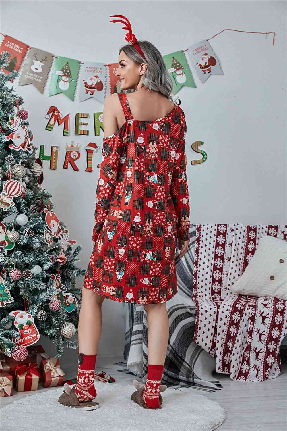 Christmas Asymmetrical Neck Long Sleeve Dress -BazaarBey - www.shopbazaarbey.com