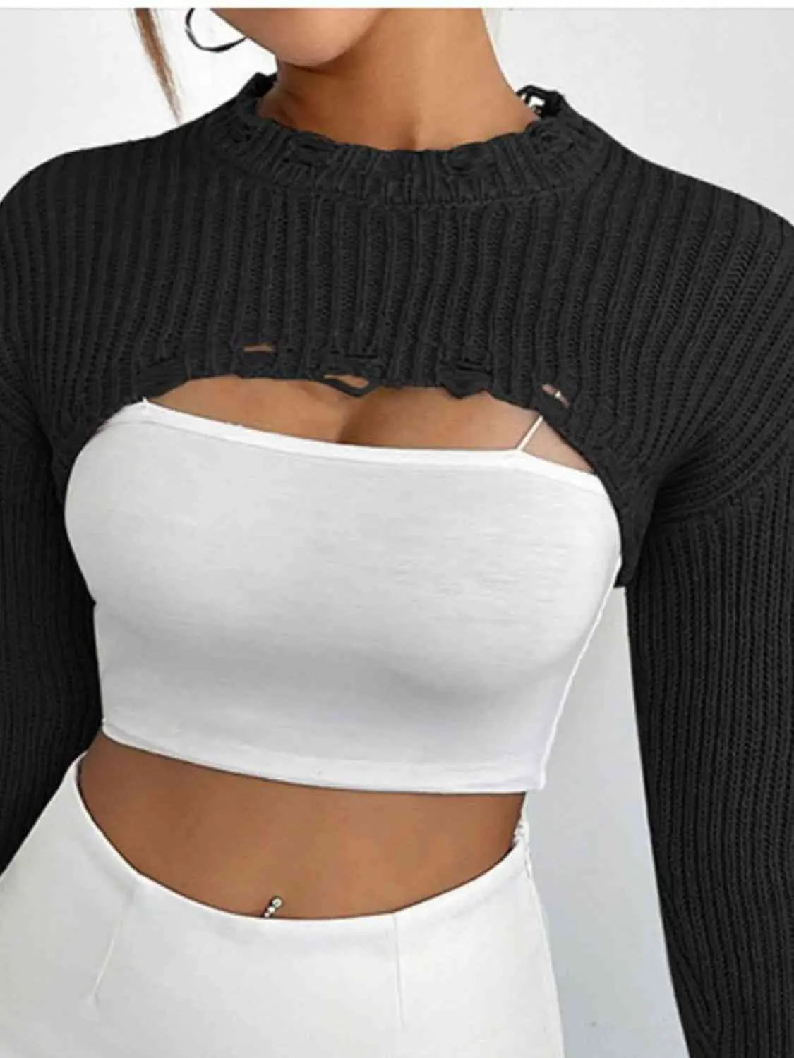 Distressed Long Sleeve Cropped Sweater Trendsi