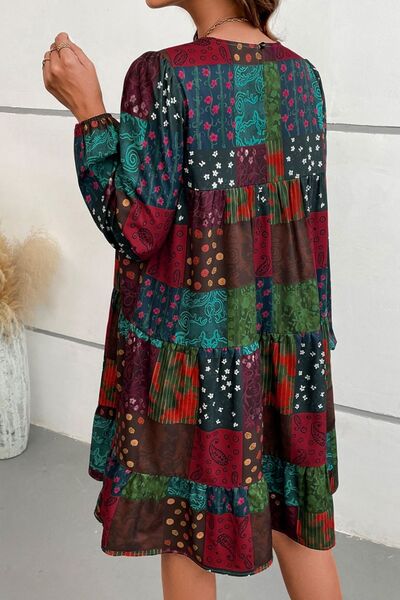 Printed Balloon Sleeve Tiered Dress -BazaarBey - www.shopbazaarbey.com