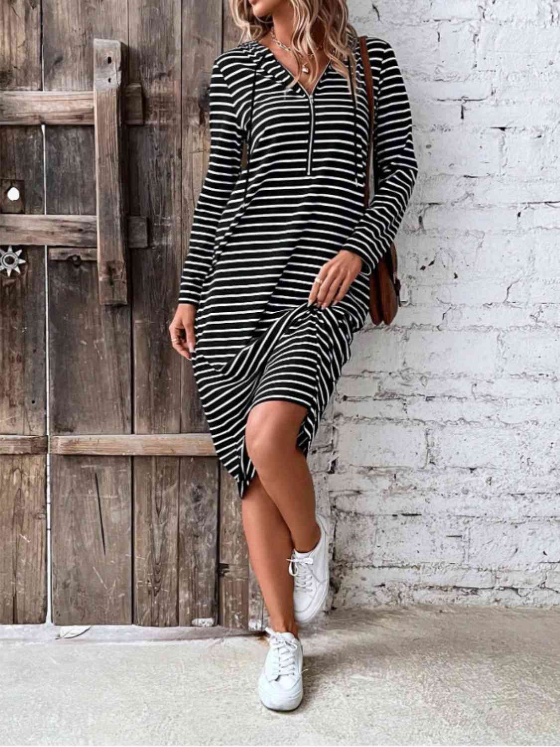 Striped Zip Front Hooded Dress -BazaarBey - www.shopbazaarbey.com