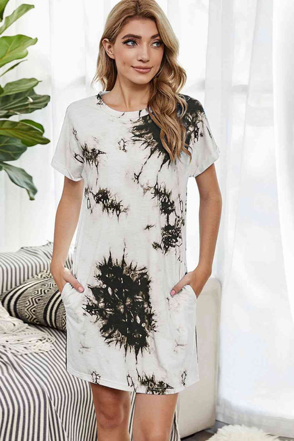 Tie-Dye Round Neck Tee Dress with Pockets -BazaarBey - www.shopbazaarbey.com
