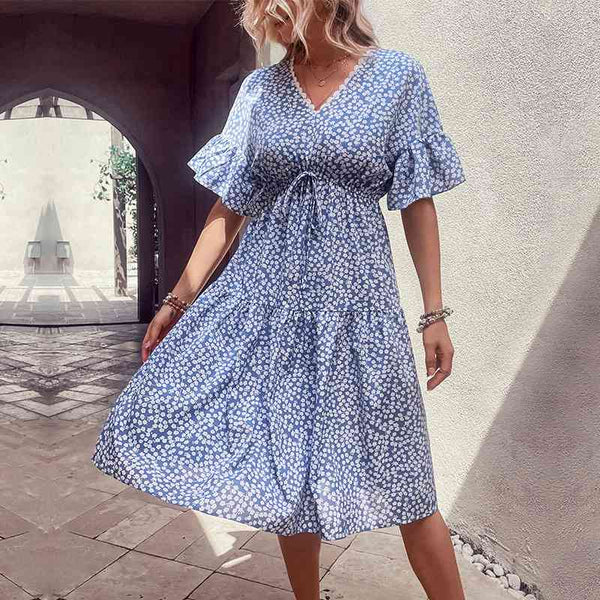 Floral Flounce Sleeve V-Neck Dress -BazaarBey - www.shopbazaarbey.com