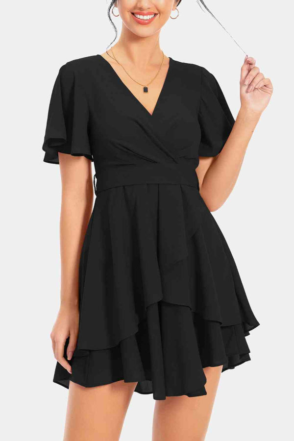  Neck Flutter Sleeve Dress -BazaarBey - www.shopbazaarbey.com