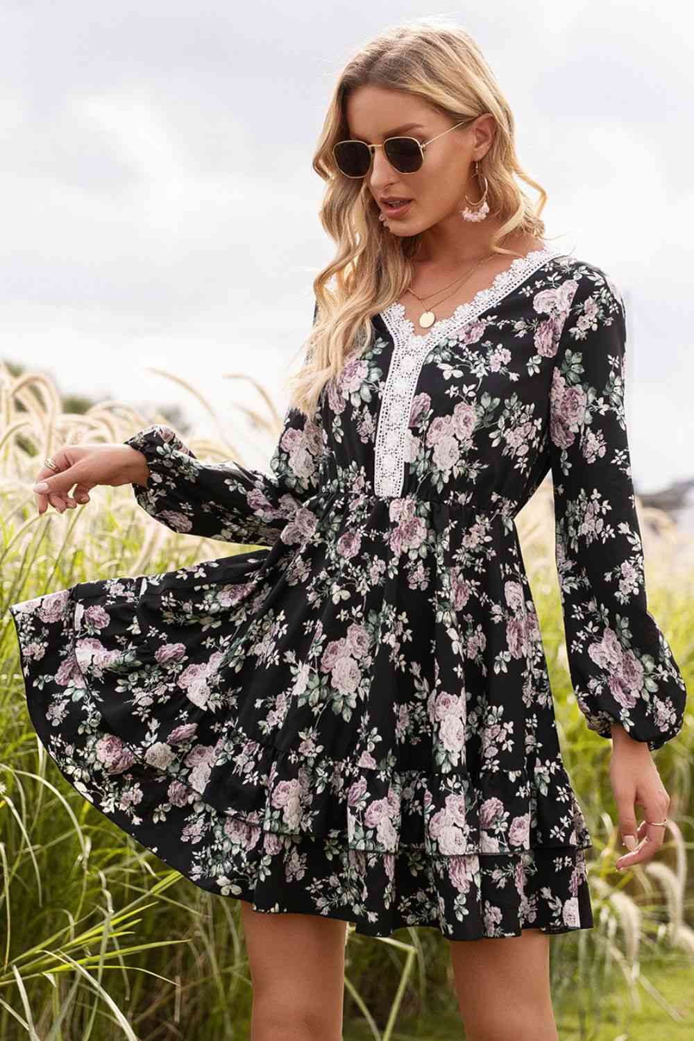 Floral Lace Trim Long Sleeve Dress -BazaarBey - www.shopbazaarbey.com
