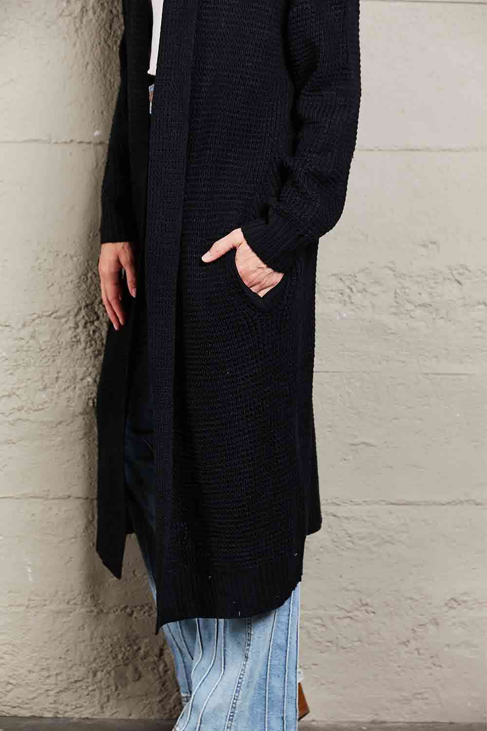  Waffle Knit  Duster Cardigan With Pockets Trendsi