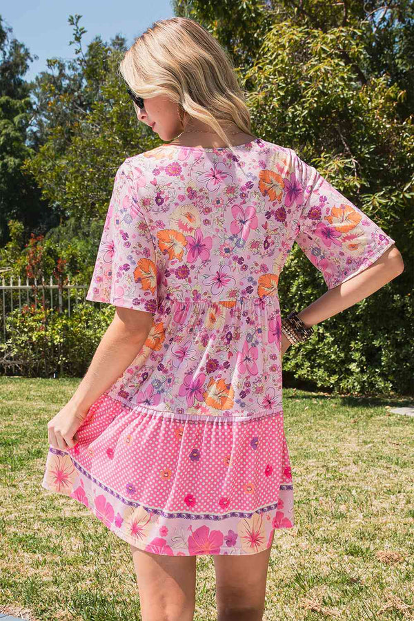 Floral  Buttoned Mini Dress -BazaarBey - www.shopbazaarbey.com