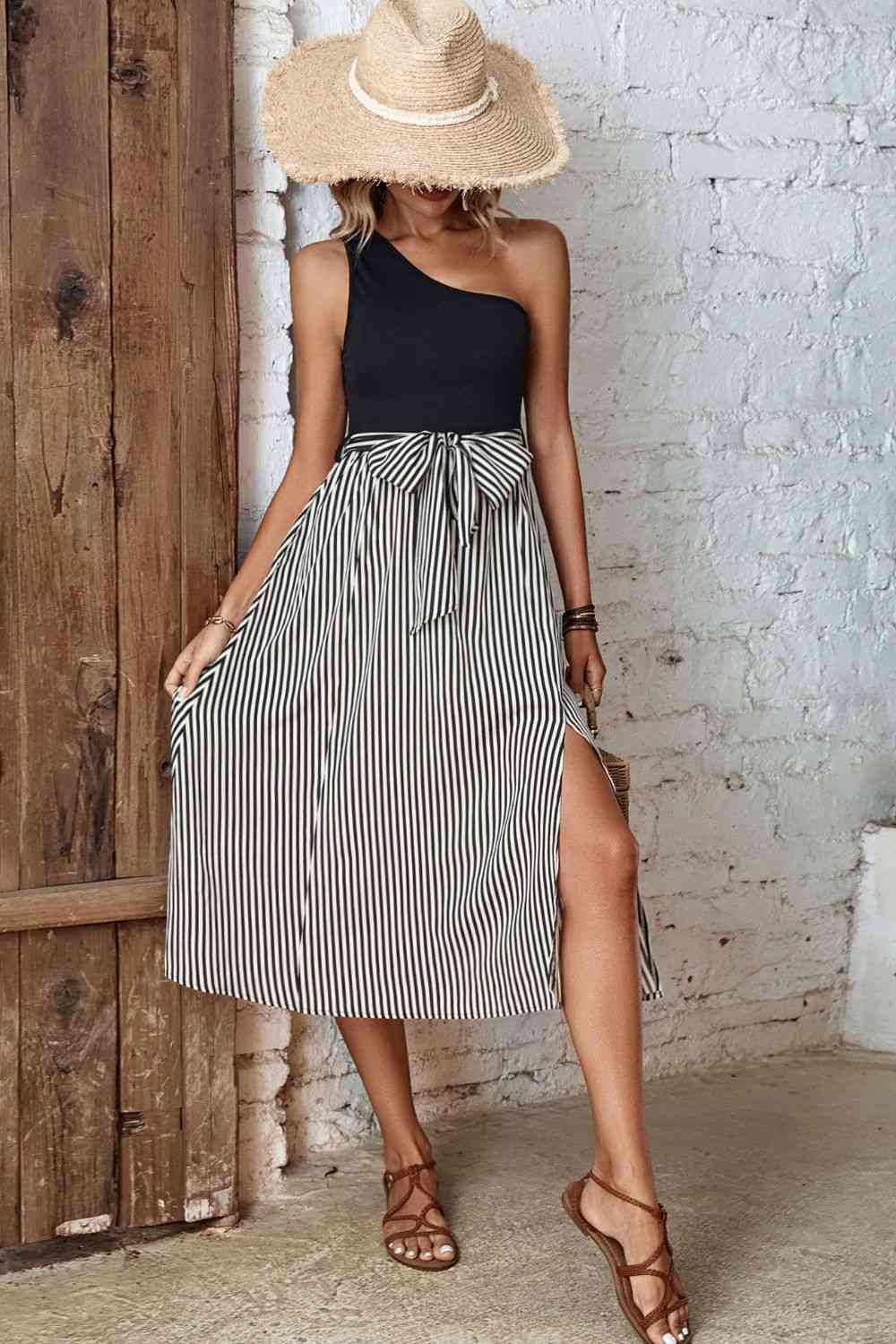 Striped One-Shoulder Slit Dress Bazaarbey