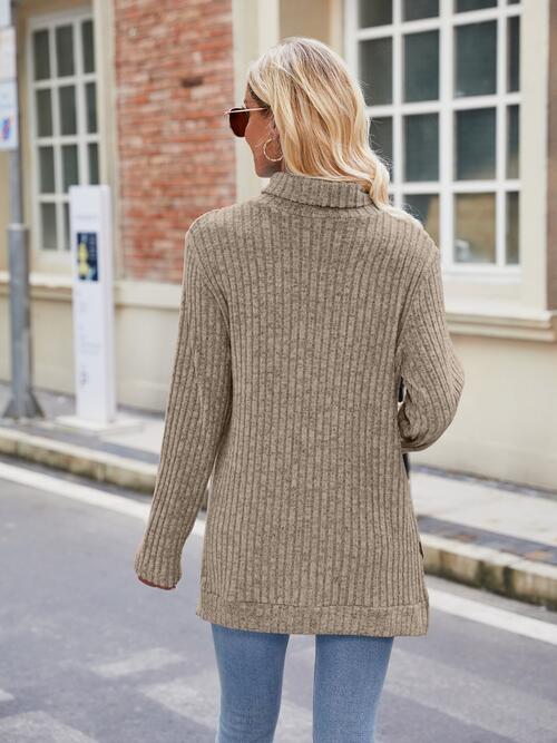 Ribbed Turtleneck Long Sleeve Slit Knit Top Bazaarbey