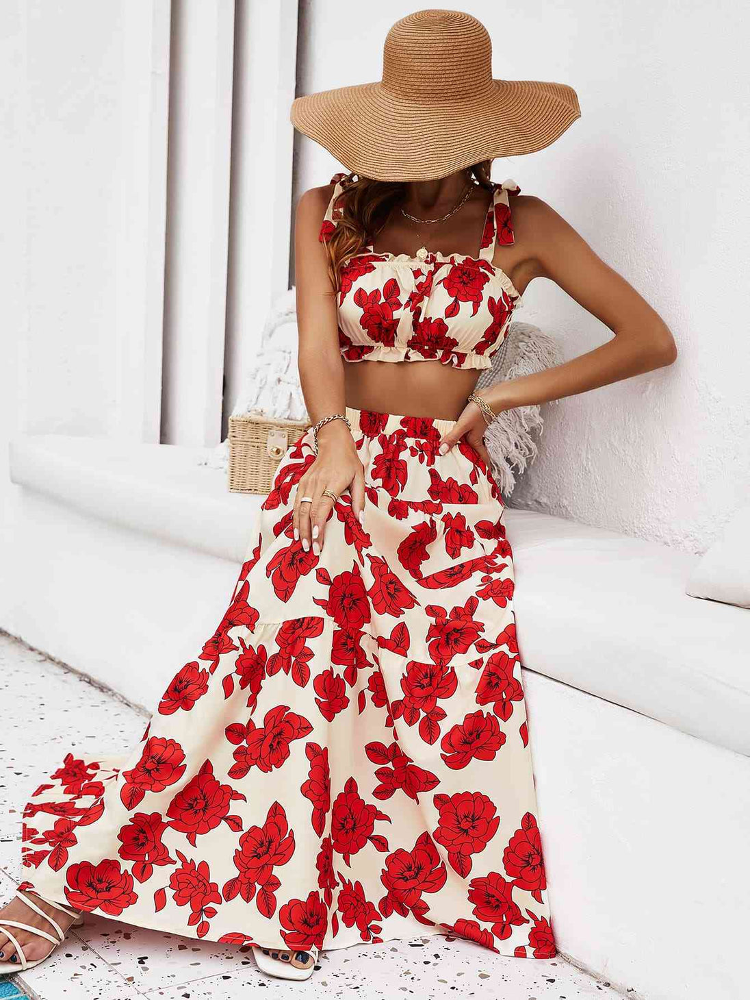 Floral Tie Shoulder Top and Tiered Maxi Skirt Set Bazaarbey