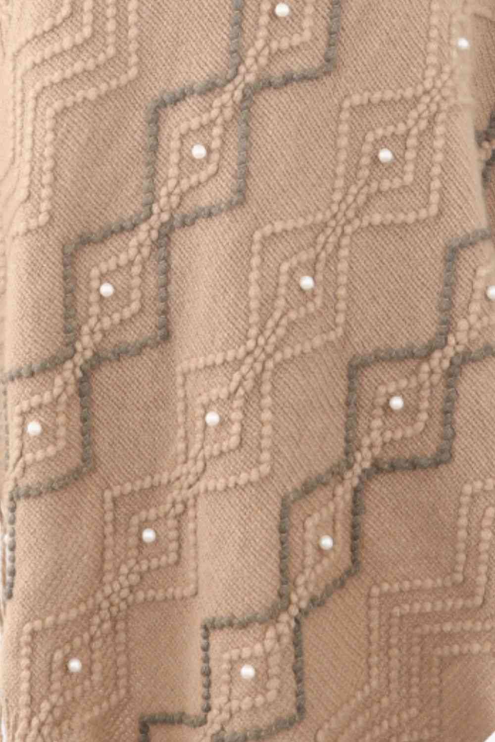 Pearl Trim V-Neck Fringe Hem Poncho Bazaarbey