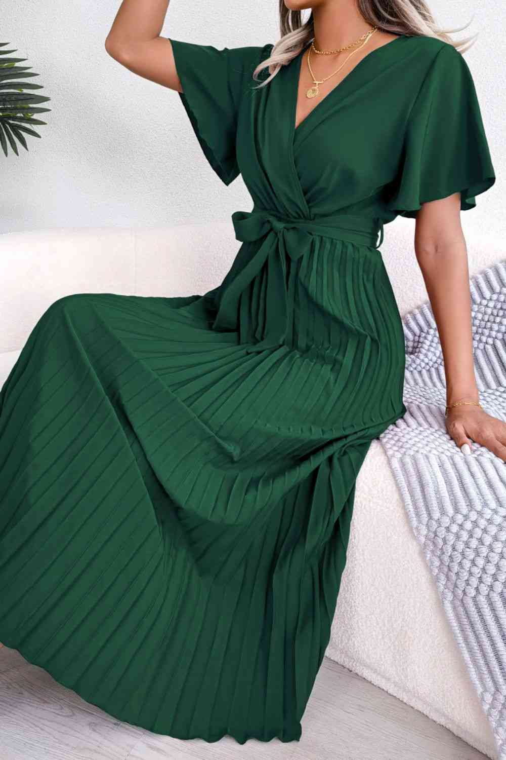 Pleated Flutter Sleeve Belted Dress -BazaarBey - www.shopbazaarbey.com