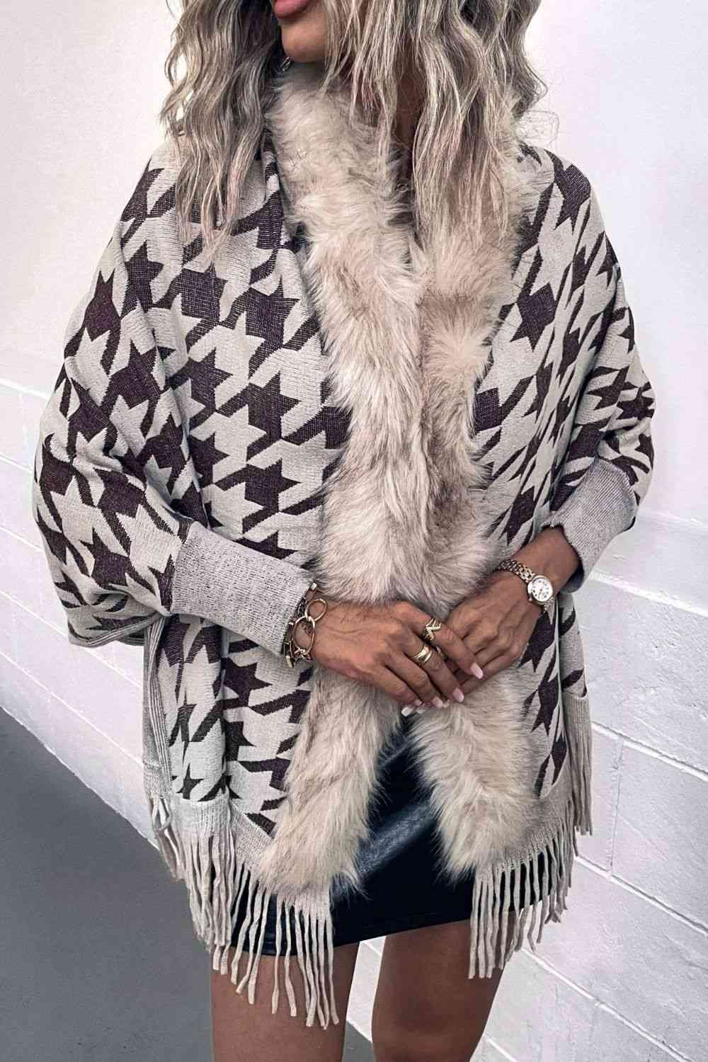 Houndstooth Fringe Hem Poncho Bazaarbey