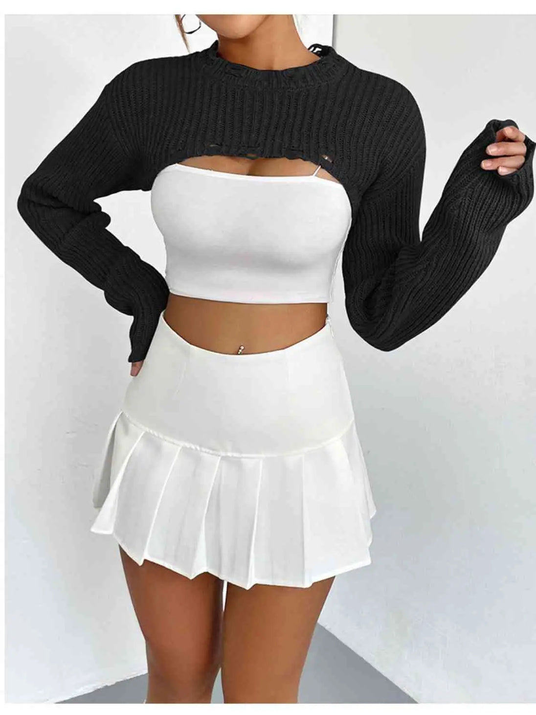Distressed Long Sleeve Cropped Sweater Trendsi